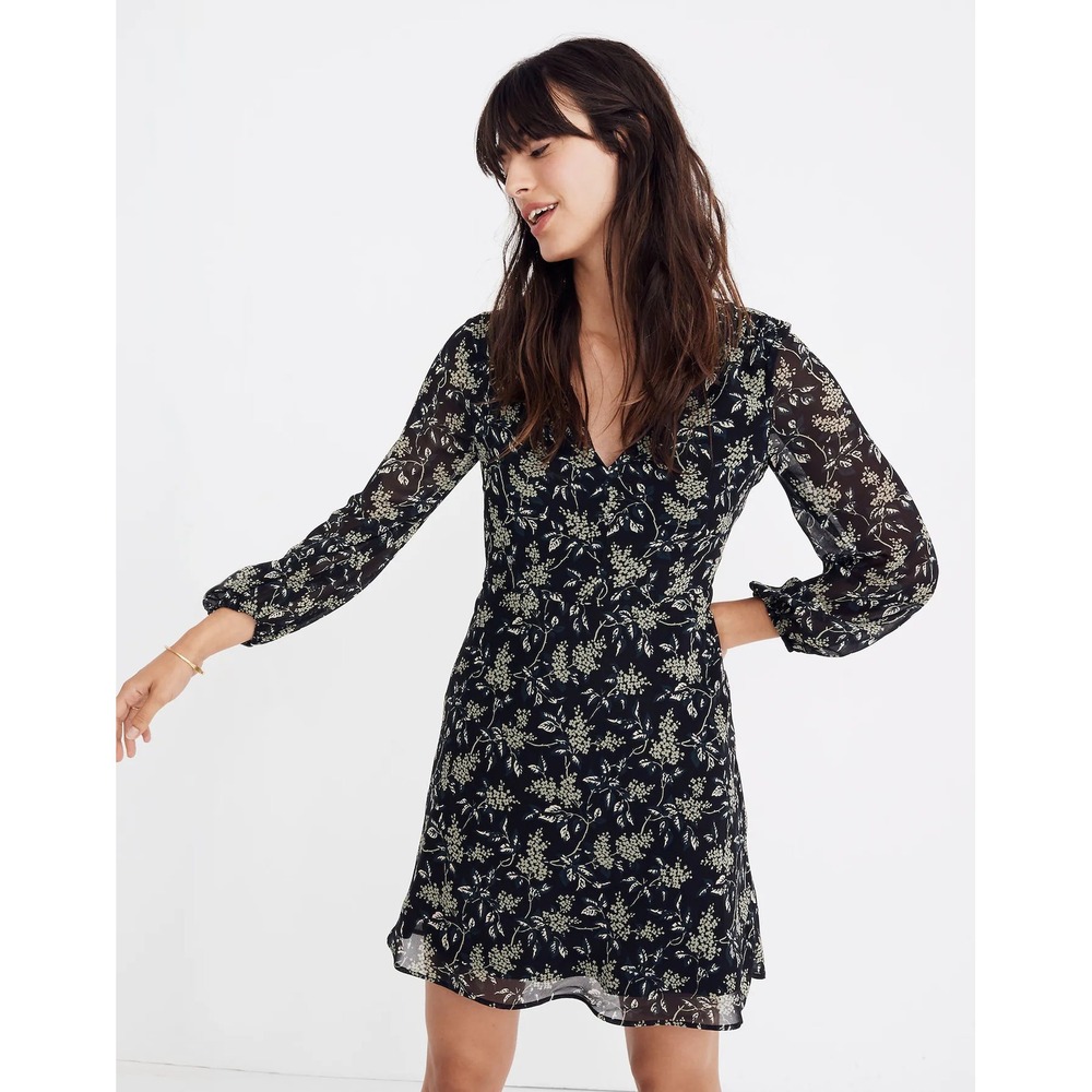 Madewell Marguerite Dress Floral Long Sleeve Mini‎ Womens Size 00 Black Green